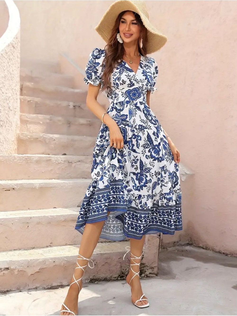 NWOT Blue White Floral Puff Sleeve Midi Dress Size S